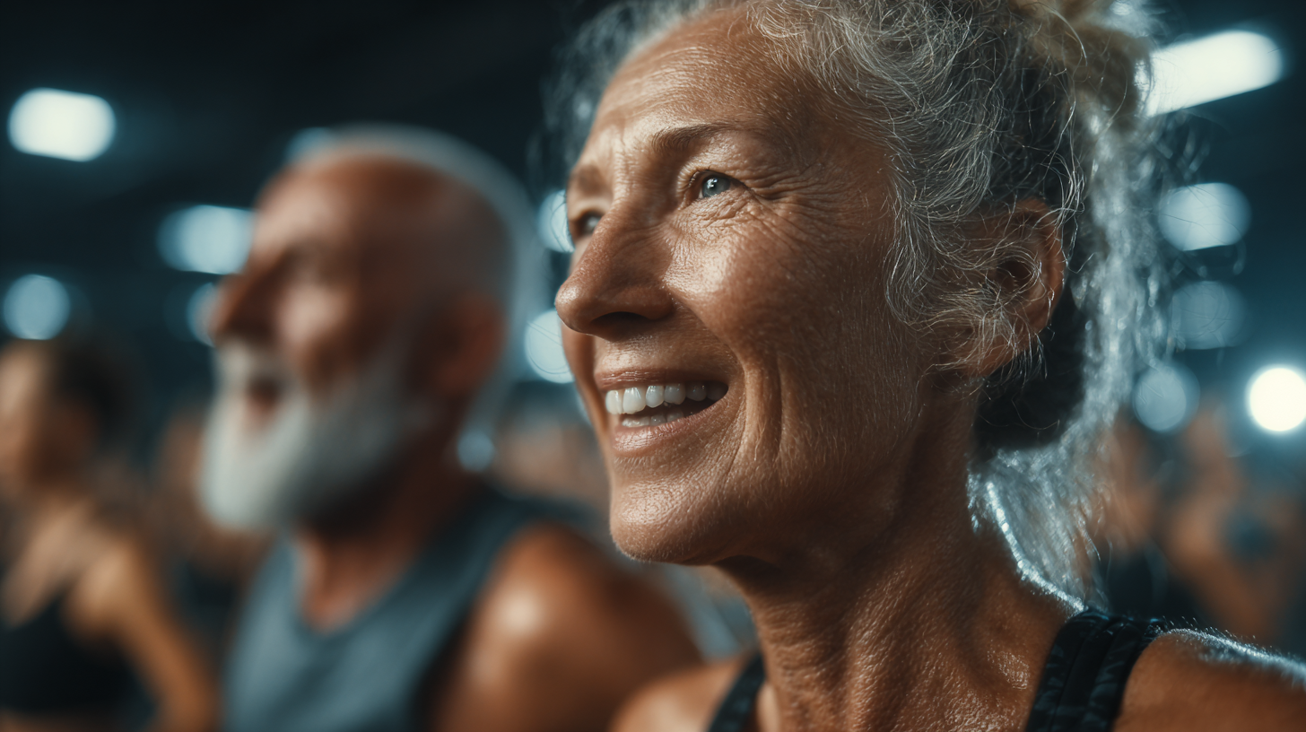 Група людей зрілого віку практикує йогу на природі